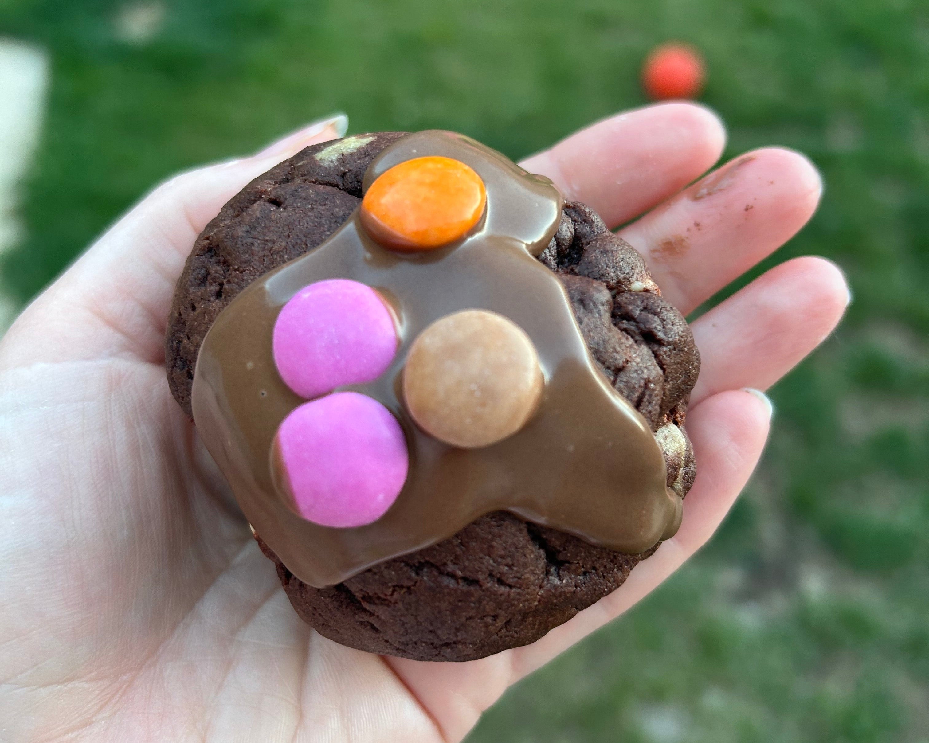 Smartie Brownie Stuffed Double Chocolate Cookie